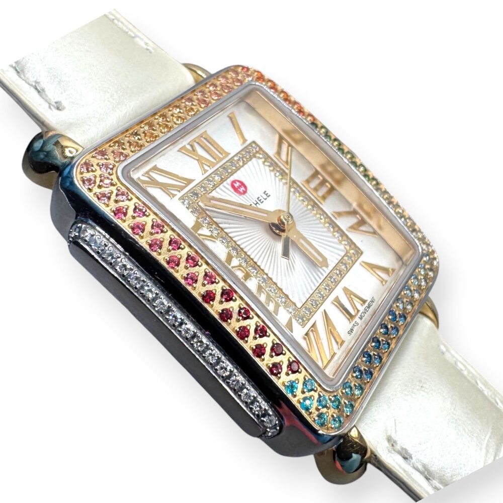 Rare MICHELE Deco Madison Mid Carousel Two-Tone Rainbow Topaz Diamond Watch - Picture 4 of 15